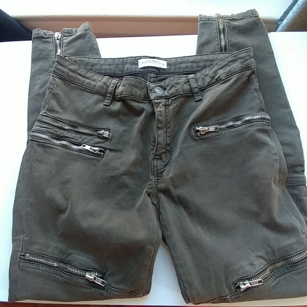 Zara olive military denim moto skinny